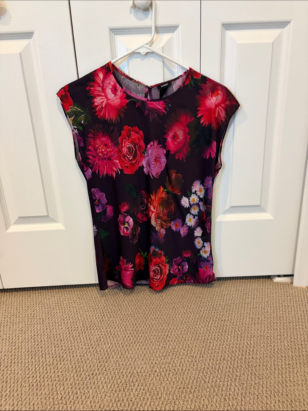 Express Floral Cap-Sleeve Blouse - Purple with Pink & Red Blooms